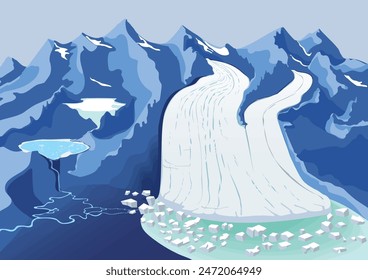 Mountainous landscape with glaciers, valleys with ice, snow and lakes