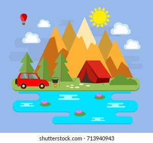 Mountainous landscape. Tourism. Vacation in the mountains near a lake with a tent. Vector illustration.