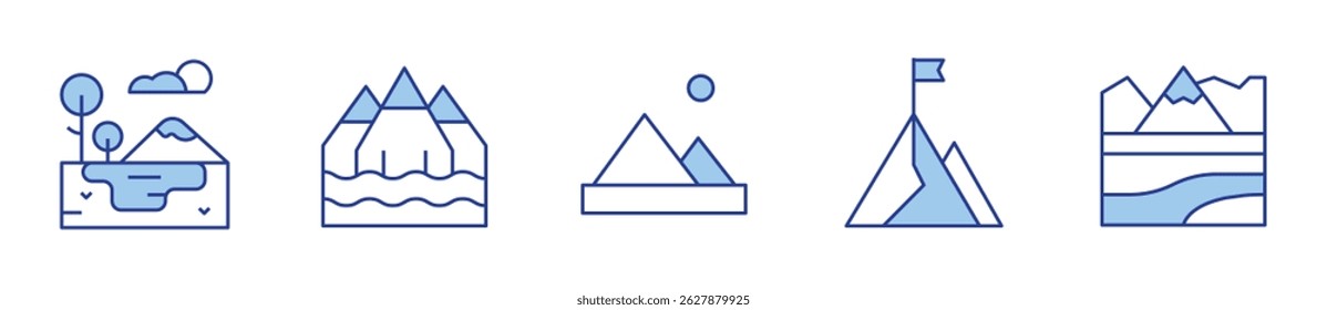 mountainous, mountains, lake, goal. Mountain Icon vector illustration. Line Duotone style. Editable stroke.