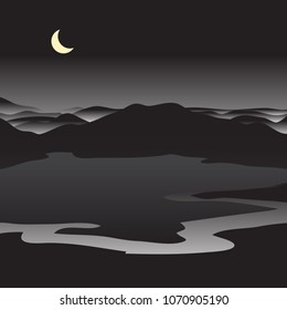 Mountainous night with moon cartoon vector drawn