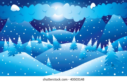 Mountainous night winter scene. Vector illustration.