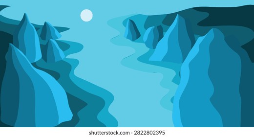 Mountainous River Landscape at Night Illustration