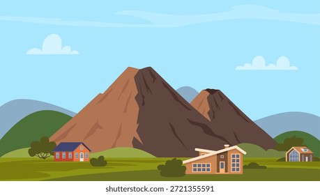 Fondo de paisaje rural montañoso. Campos, tierras de cultivo y árboles con casas de campo o casas de agricultores