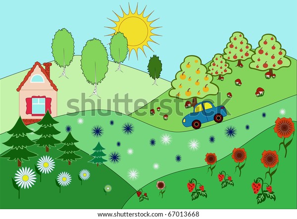 Mountainous rural landscape with house, car,\
trees, mushrooms and\
flowers.