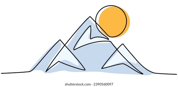 Montañoso con dibujo continuo del sol. Ilustración dibujada a mano por vectores aislados en blanco.