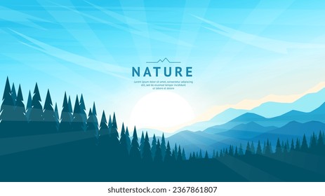 Mountainous terrain. Gentle hills in the distance and silhouettes of fir trees in the foreground. Sunrise, blue sky. Vector illustration for background, web page, wallpaper, banner.