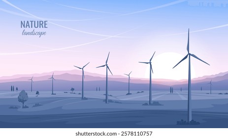 Mountainous terrain with wind turbines on the background of the sunset. Green energy of wind generators. Natural landscape. Vector illustration.