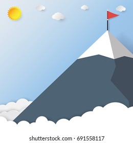 Mountain,red flag and blue sky.Business strategy to target concept design.Paper art style vector illustration.