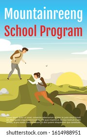 Mountainreeng school program brochure template. Flyer, booklet, leaflet concept with flat illustration. Vector page cartoon layout for magazine. Expedition advertising invitation with text space