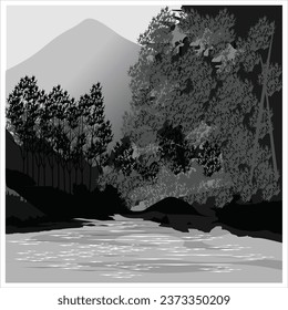 Mountain,river ,tree and the jungle in artline for background and image