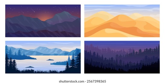 Mountains abstract background. Nature landscape. Desert and valley lake. Flat horizon. Game design graphics. Sunrise sky. Outdoor panorama. Night forest scenery. Vector garish natural wallpapers set