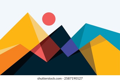 Mountains Abstract With Sun full color illustration. Abstract simple landscape. Colorful multiply hills Design