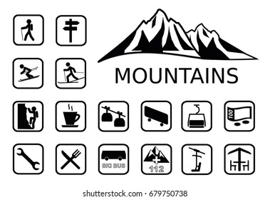 Mountains activities icons set