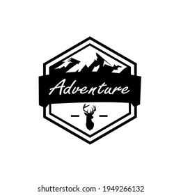 Mountains adventure logo emblem vector illustration. Outdoor adventure expedition, mountains silhouette, and deer silhouette