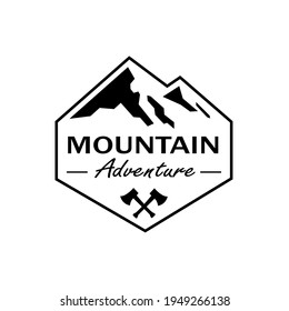 Mountains adventure logo emblem vector illustration. Outdoor adventure expedition, mountains silhouette, and ax silhouette