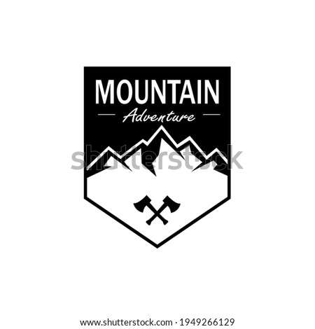 Mountains adventure logo emblem vector illustration. Outdoor adventure expedition, mountains silhouette, print stamp. Vintage typography badge design.