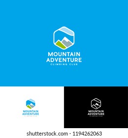 Mountains Adventure logo. Travel Agency emblem. Mountain peaks on hexagon shape and letters. Emblem for mountain products, alpinism, climbing and mining equipment. Monochrome option.