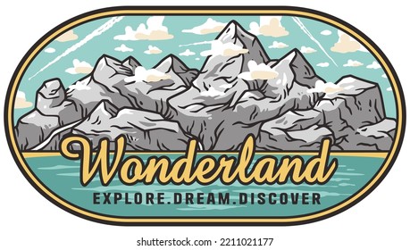 Mountains adventure outdoor print. Nature wild life explore. Wanderlust and camping