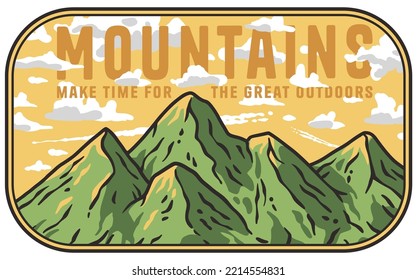 Mountains adventure outdoor print. Nature wild life explore. Wanderlust and camping
