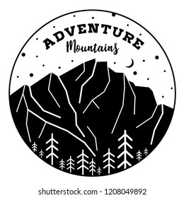 Mountains, adventure. Vector illustration of rocks with forest. Print design. Camping. Black and white emblem. Sticker 