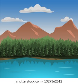 Mountains aerial view vector illustration. Mountain landscape with lake. Tourist adventures picture