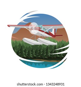 Mountains aerial view vector illustration. Mountain landscape with small plane. Air tour adventures picture