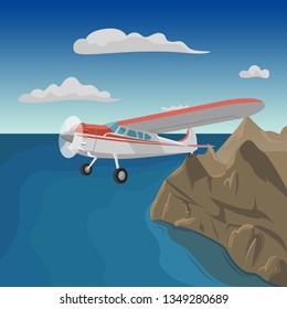 Mountains aerial view vector illustration. Mountain landscape with small plane. Air tour adventures picture