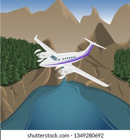Mountains aerial view vector illustration. Mountain landscape with small plane. Air tour adventures picture
