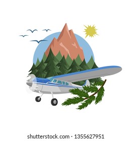 Mountains aerial view vector illustration. Mountain landscape with small plane. Air tour adventures picture design