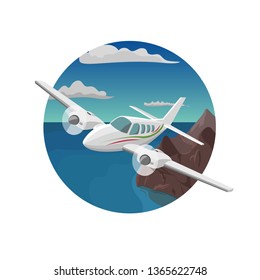 Mountains aerial view vector illustration. Mountain landscape with small plane. Air tour adventures picture