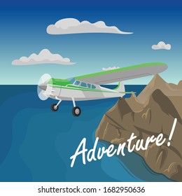 Mountains aerial view vector illustration. Mountain landscape with small plane. Air tour adventures picture