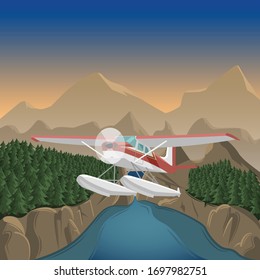 Mountains aerial view vector illustration. Mountain landscape with small plane. Air tour adventures picture
