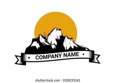 mountains against the sun. company logo, logo. ribbon with inscription.