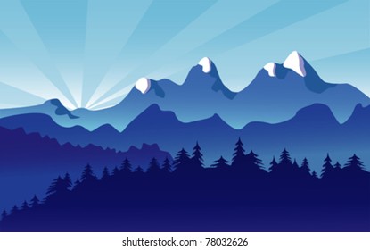 Mountains, Alpine Landscape. Snow covered mountain range with pine trees. EPS8 compatible. 