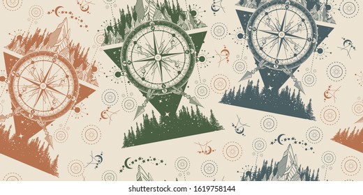 Mountains and antique compass. Seamless pattern. Packing old paper, scrapbooking style. Vintage background. Medieval manuscript, engraving art. Adventure, travel, outdoors, symbol 