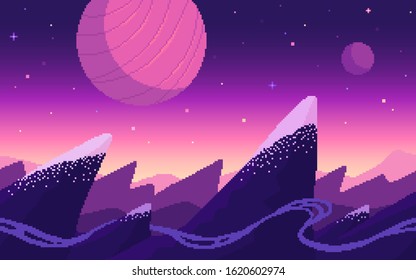 Mountains area on alien planet. Pixel art game location. Seamless vector background.