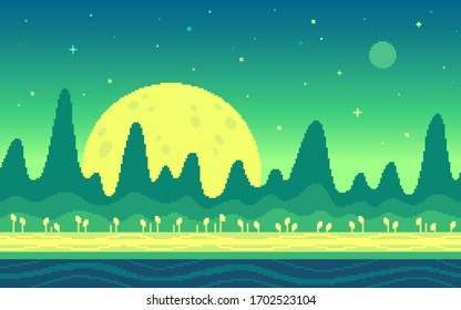 Mountains area on alien planet. Pixel art game location. Seamless vector background.