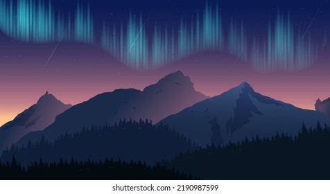 Mountains with aurora landscape gradient vector illustration