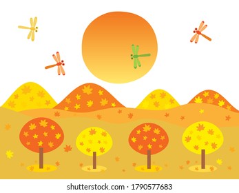 The mountains of autumn colored leaves , the setting sun and dragonflies