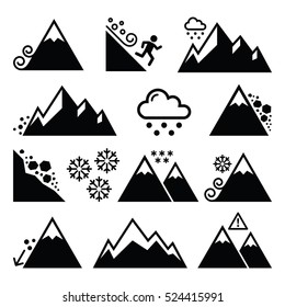 Mountains, avalanche, snowslide- natural disaster icons set 