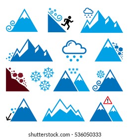 Mountains, avalanche, snowslide- natural disaster icons set 