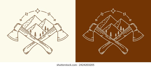 mountains and axes line art illustration