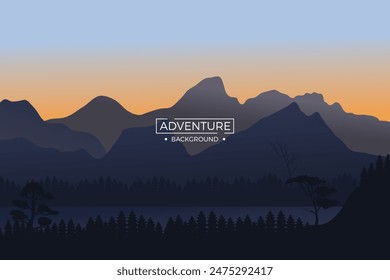 Mountains background featuring fir trees and a serene blue and orange reflection at evening.Vector illustration