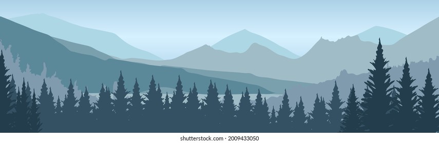 Fondo de las montañas en el bosque con pinos en invierno , Vector de Ilustración EPS 10