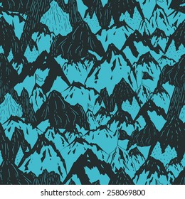 Mountains background, hand drawn mountain seamless pattern with tree and flag, vector ink illustration