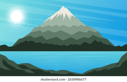 Montanhas no fundo do lago e do sol. Ilustração vetorial