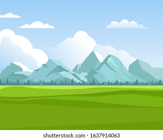 mountains background. outdoor green meadows with hills rocks for travellers in summer season eco nature vector concept
