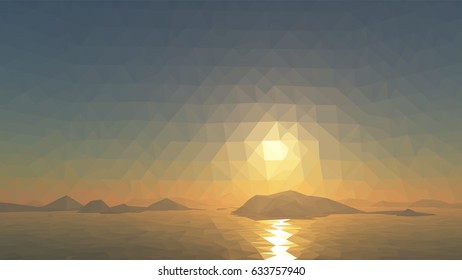 Mountains background with sun in glacier. vector illustration of many triangles.