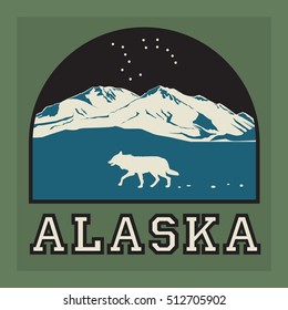 Mountains badge or emblem. Adventure outdoor, expedition mountain, badge climbing mountain snowy, peak mountain label with text Alaska, vector illustration