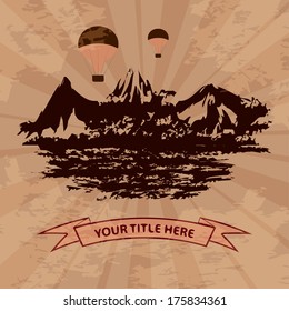Mountains and balloons in the sky, has a ribbon for text. vector illustration